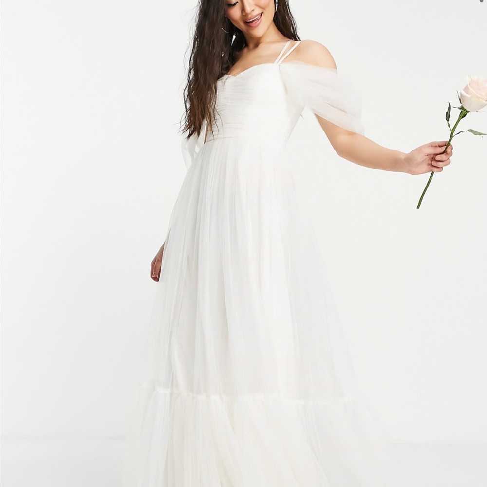 Lace & Beads Bridal cross back tulle maxi dress in ivory